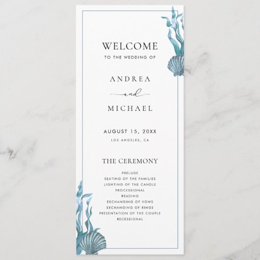 Nautical Coastal Blue Zee Shell Beach Wedding Programma (Voorkant)