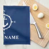 Nautical Compass Anchor Uw Bootnaam Navy Blue Theedoek (Quarter Fold)