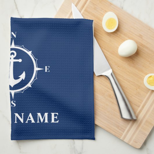 Nautical Compass Anchor Uw Bootnaam Navy Blue Theedoek (Quarter Fold)