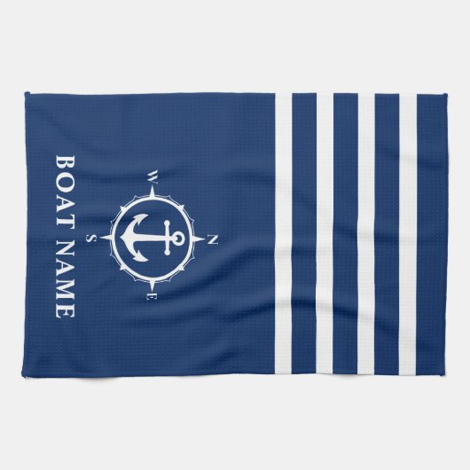 Nautical Compass Anchor Uw Bootnaam Navy Blue Theedoek (Horizontaal)