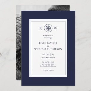 Nautical Compass Navy Blue Monogram Weddenfoto Kaart