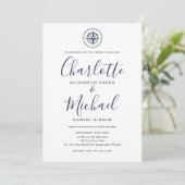 Nautical Compass Navy Blue Script Weddenschap Kaart (Staand voorkant)
