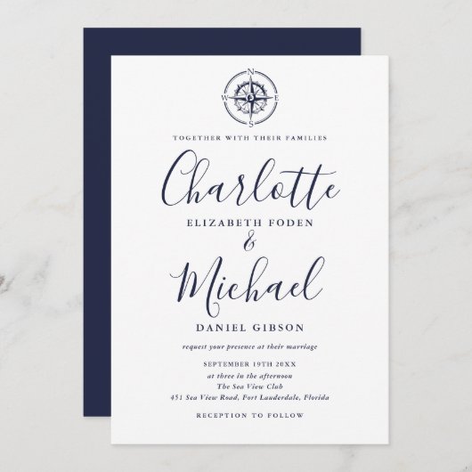 Nautical Compass Navy Blue Script Weddenschap Kaart (Voorkant / Achterkant)