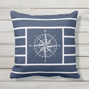 Nautical Compass Navy Blue Stripes Buitenkussen