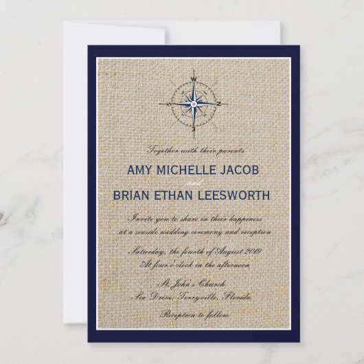 Nautical Compass/Yacht Club Navy Beach Wedding Kaart (Voorkant)