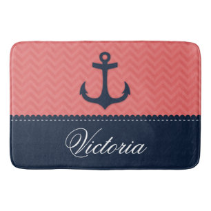 Nautical Coral Pink Navy Blue Anchor Aangepaste na Badmat