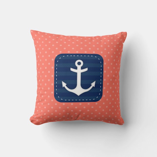 Nautical Coral Polka Dot Pattern Blue Anchor Kussen (Voorkant)