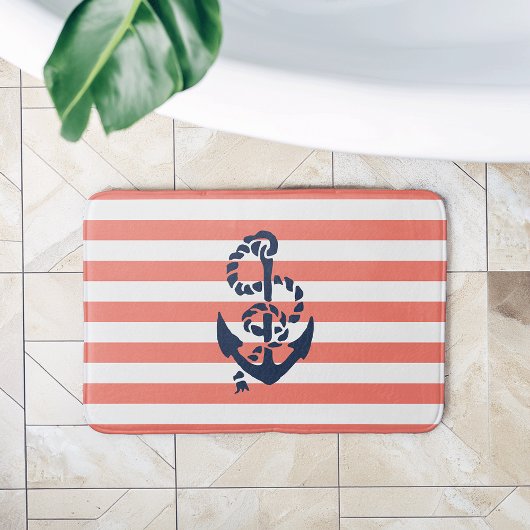 Nautical Coral Stripe & Navy Anchor Badmat