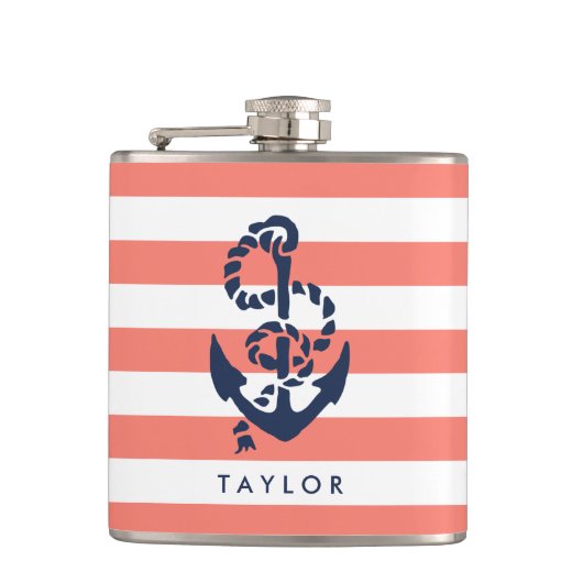 Nautical Coral Stripe & Navy Anchor Specialized Heupfles (Voorkant)