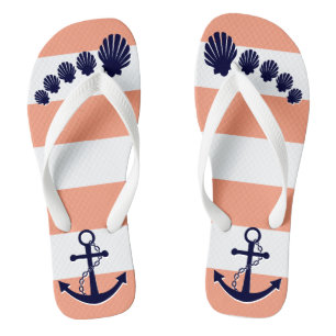 Nautical Coral Striped Navy Anchor Seashell Toes Teenslippers