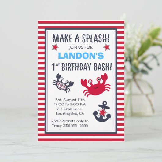 Nautical Crab & Anchor Boy's Birthday Uitnodiging (Staand voorkant)