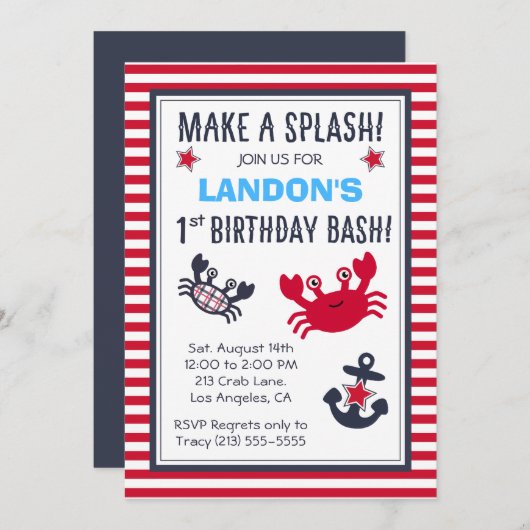 Nautical Crab & Anchor Boy's Birthday Uitnodiging (Voorkant / Achterkant)