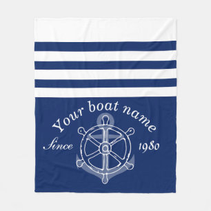 Nautical Custom Boat Name Anchor Wheel Blue Fleece Deken