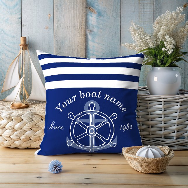 Nautical Custom Boat Name Anchor Wheel Blue Kussen (Creator heeft geüpload)