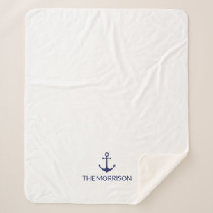 Nautical Custom Boat Name marine blue anchor white Sherpa Deken