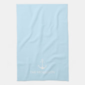 Nautical Custom Boat Name white anchor light blue Theedoek (Verticaal)