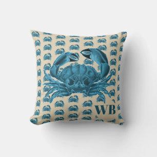 Nautical Custom Monogram Crab in Blue en Tan Kussen