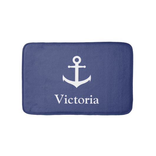 Nautical Custom Name Blue en White Anchor Badmat (Voorkant)