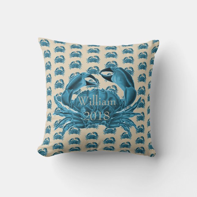Nautical Custom Name Crab in Blue en Tan Kussen (Voorkant)
