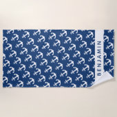 Nautical Custom Name Navy Blue White Anchor Strandlaken (Voorkant)
