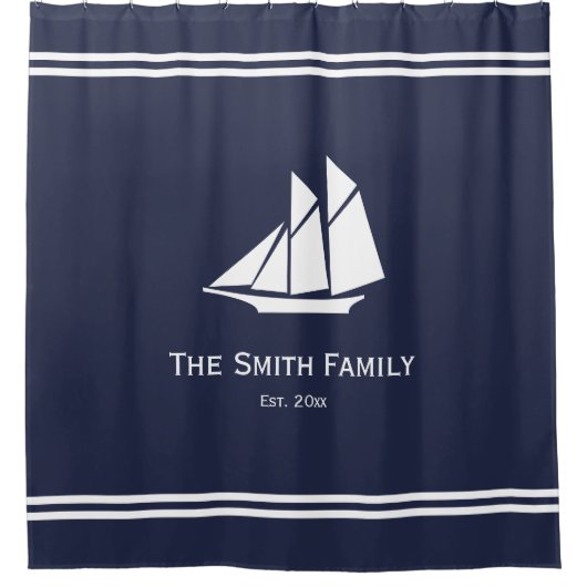 Nautical Custom Text on Midnight Blue and White Douchegordijn (Voorkant)