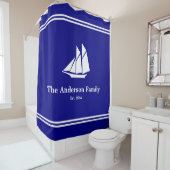 Nautical Custom Text on Navy Blue and White  Douchegordijn (In situ)