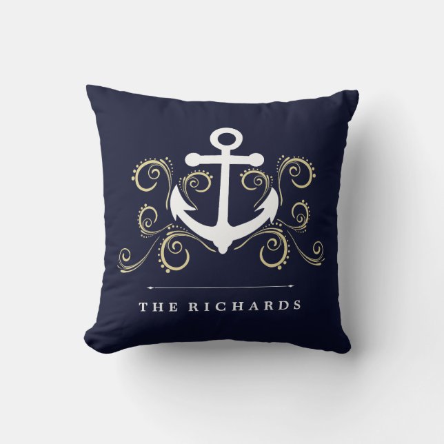 Nautical Dark Blue met Anchor en Gold Swirls Kussen (Voorkant)