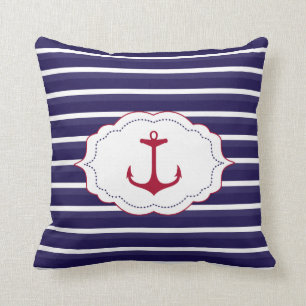 Nautical Dark Blue White Stripes Red Anchor Kussen