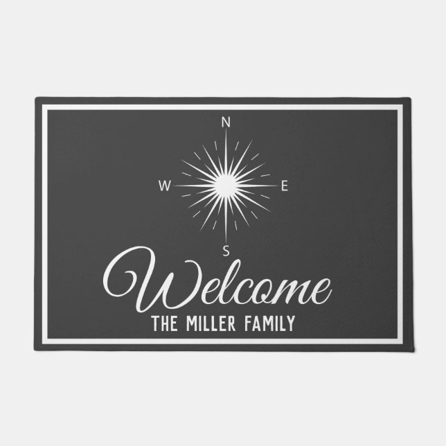 Nautical Dark Grey & White Compass - Gepersonalise Deurmat (Voorkant)