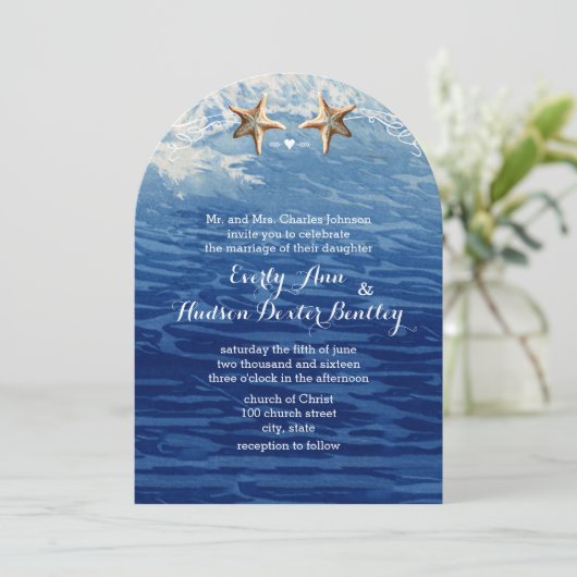 Nautical Destination Beach Starfish Wedding Kaart (Staand voorkant)