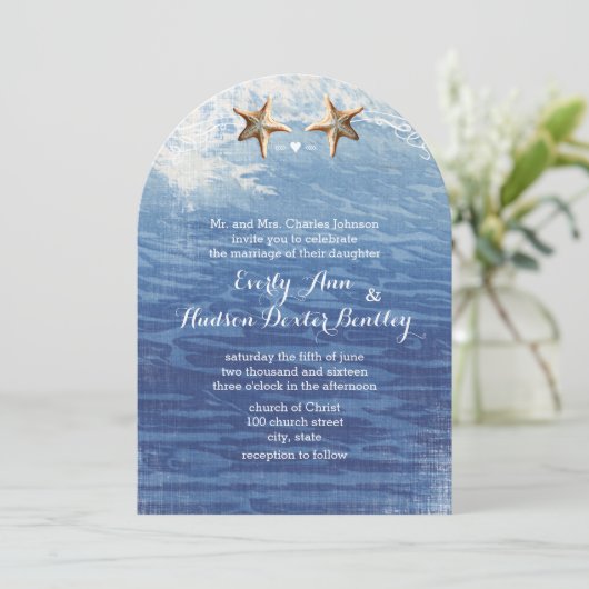 Nautical Destination Beach Starfish Wedding Kaart (Staand voorkant)