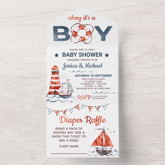 Nautical Diaper Raffle and Baby shower All In One Uitnodiging (Binnen)