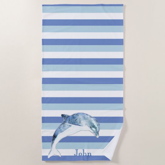 Nautical Dolphin Navy Blue Stripe Strandlaken (Voorkant)