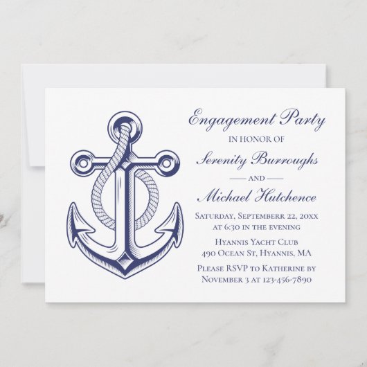 Nautical Engagement Party Marine Blauw Anker Bruil Kaart (Voorkant)