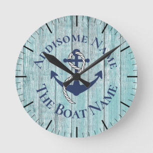 Nautical Family Boat Name Navy Anchor Grey wood Ronde Klok