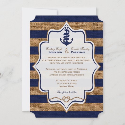 Nautical, FAUX Burlap Stripes Wedding Invite Kaart (Voorkant)