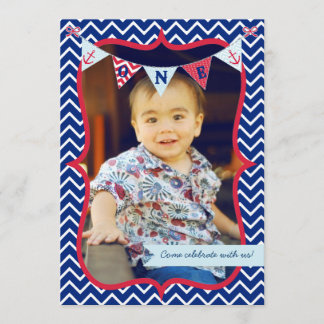 Nautical First Birthday Boy Photo Party Invitation Kaart