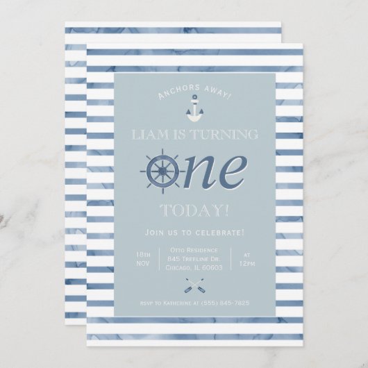 Nautical First Birthday Uitnodiging (Voorkant / Achterkant)