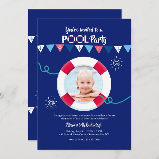 Nautical Flags with Life Preserver Photo Invite Kaart (Voorkant / Achterkant)