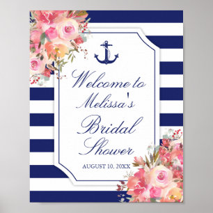 Nautical Floral Anchor Blue Stripe Vrijgezellenfee Poster