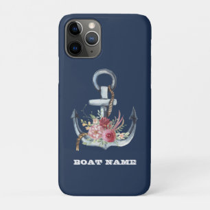 Nautical Floral Anchor Boat Name Navy Blue iPhone 11 Pro Hoesje