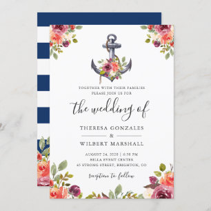 Nautical Floral Anchor Navy Blue Stripes Wedding Kaart