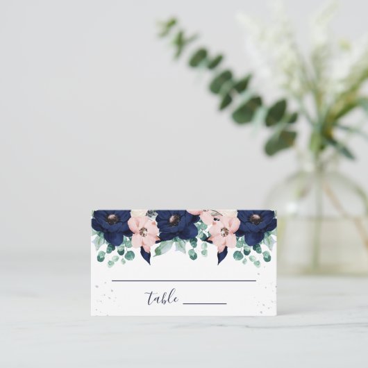 Nautical Flowers Navy Blue en Blush Pink | Escort Plaatskaartje (Staand voorkant)