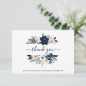 Nautical Flowers Navy Blue en Blush Pink Wedding Bedankkaart (Staand voorkant)