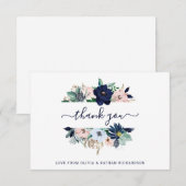 Nautical Flowers Navy Blue en Blush Pink Wedding Bedankkaart (Voorkant / Achterkant)