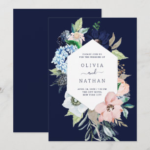 Nautical Flowers Navy Blue en Blush Pink Wedding Kaart