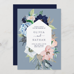 Nautical Flowers Navy Blue en Blush Pink Wedding Kaart