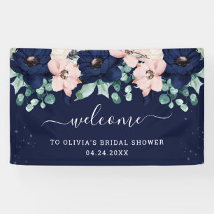 Nautical Flowers Navy Blue en Blush Pink Welkom Spandoek