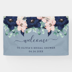 Nautical Flowers Navy Blue en Blush Pink Welkom Spandoek