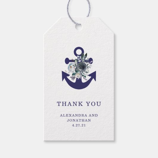 Nautical Flowers | Navy Blue Floral Anchor Cadeaulabel (Voorkant)